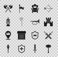 Set Hammer, Crossed medieval sword, Castle, fortress, Medieval throne, Magic staff, iron helmet, axes and Trumpet icon