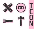 Set Hammer, Crossed ruler, Hand saw and Electrical outlet icon. Vector.