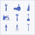 Set Hammer, Drawing compass, Metallic nail, Snow shovel, Trowel, Construction stapler, Stationery knife and Adjustable