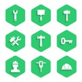 Set Hammer, Electric rotary hammer drill, Worker safety helmet, Old key, and wrench spanner, and Wrench icon. Vector