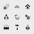 Set Hammer, Hand saw and log, Grapple crane grabbed, Electric circular, Dog house, Wooden beam, and icon. Vector