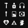 Set Hammer, Joystick for arcade machine, Headphones, Heart with animals footprint, Tourist tent, Piece of puzzle