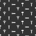 Set Hammer, Wrench spanner, Electric rotary hammer drill and Hand saw on seamless pattern. Vector.