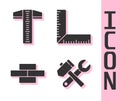 Set Hammer and wrench spanner, T-square line, Bricks and Corner ruler icon. Vector