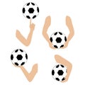 Set of 4 hand and arm gestures holding football. Cartoon vector