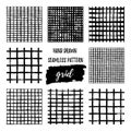 Set of Hand draw brush grid black and white seamless pattern. Abstract monochrome check background with crossing brush