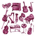 Set of hand draw Burgundy wine watercolor musical instruments