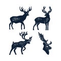 Set Hand draw Deer Silhouette Grunge. Vector illustration of a Wild Animal stag Isolated on a white background