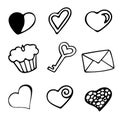 Set of hand draw hearts, cake, key and envelope. Royalty Free Stock Photo