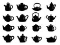 Set of hand draw isolated teapot. Black color. Icon silhouette kettles, coffee pot. Vector illustration Royalty Free Stock Photo