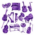 Set of hand draw violet watercolor musical instruments