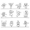 Set of hand drawing abstract happy cute girls line art