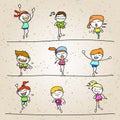 Set of hand drawing cartoon happy kids running marathon Royalty Free Stock Photo