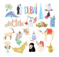 Set of 20 hand drawing icon symbol from Dubai, United Arab Emirates, Middle East Royalty Free Stock Photo