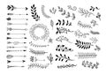 Set of hand drawing page dividers borders and arrow, doodle floral design elements Royalty Free Stock Photo