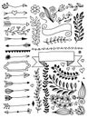 Set of hand drawing page dividers borders and arrow, doodle floral design elements Royalty Free Stock Photo