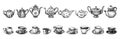 Set hand drawings of collection of various porcelain teapots and cups, saucers isolated on white