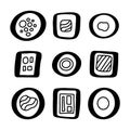 Set of hand drawn abstract geometric sushi doodle icons. Stylized different rolls. Asian food black and white outline