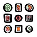 Set of hand drawn abstract geometric sushi doodle icons. Stylized different rolls. Asian food contour line drawing