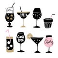 Set of hand drawn alcoholic drinks, cocktails with lettering quotes. Happy New Year celebration concept. Isolated vector