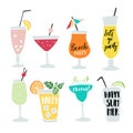 Set of hand drawn alcoholic drinks, cocktails with lettering quotes. Summer holiday and beach party concept. Isolated