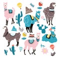 Set of hand drawn alpacas in scandinavian style. Llama illustration with decorative elements. Vector illustration