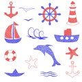 Set of hand drawn anchor, dolphin, ship, lighthouse, sailboat, hand wheel, helm on white background in childrens naive style