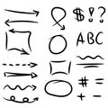 Set of hand drawn arrows, circle and squares for highlighting text Royalty Free Stock Photo