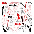 A set of hand-drawn arrows, pointers, guides isolated on a white background, doodle, vector