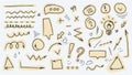 A set of hand-drawn arrows, speech bubbles, icons, question marks, exclamation marks, idea bulbs, and decorative Royalty Free Stock Photo