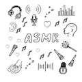 Set of hand drawn ASMR concept: earphones, head shape, sound waves, brushes. Royalty Free Stock Photo