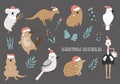Set of hand drawn australian animals in Christmas santa hats - koala, ostrich, kangaroo, platypus,echidna Royalty Free Stock Photo