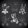 Set hand drawn baby carriage, stroller, baby carrier, baby stro