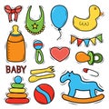 Set of hand drawn baby and newborn doodle for icon, banner. Cartoon sketch style doodle with baby girl and boy toy, food, ball, Royalty Free Stock Photo