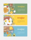 Set of hand drawn banner templates with tasty healthy breakfast meals and morning food - fried eggs, wafers, fruits