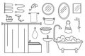 Set of hand drawn bathroom and toilet icons. Collection of bathroom accessories. Vector illustration Royalty Free Stock Photo