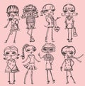 Set of hand drawn beautiful cute cartoon amazing fashion girls. Vector illustration. Royalty Free Stock Photo