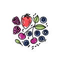 A set of hand drawn berries with leaves and drops on a white background. Blueberries, raspberries, strawberry and cherry