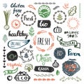 Set of hand drawn bio, organic, eco product logos, badges, tags.