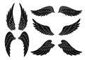 Set of hand drawn bird or angel wings of different shape in open position. Black doodle wings set Royalty Free Stock Photo