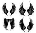 Set of hand drawn bird or angel wings of different shape in open position. Black doodle wings set Royalty Free Stock Photo