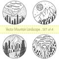 Set of 4 hand drawn black and white illustrations. Mountain landscapes with river,clouds and trees