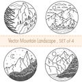 Set of 4 hand drawn black and white illustrations.Mountain landscapes with tress,clouds,river,moon