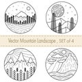 Set of 4 hand drawn black and white illustrations with mountains,trees,river,clouds and suns Royalty Free Stock Photo