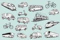 Set of hand drawn black and white illustrations on theme of Means of transport Royalty Free Stock Photo