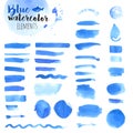 Set of hand drawn blue watercolor elements