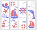 Set of hand drawn bookmarks with anchor, dolphin, ship, lighthouse, sailboat, hand wheel, helm on white background in childrens Royalty Free Stock Photo