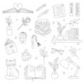 Set of hand drawn books and elements, symbolizing reading, learning. Stack of books, bookmark, bookshelf, table lamp Royalty Free Stock Photo