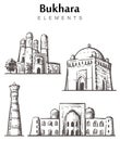 Set of hand-drawn Bukhara buildings, Bukhara elements sketch illustration