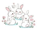 Set Hand Drawn Bunny and little bird, flowers. Cute Rabbits Vector. Print Design for Kids Fashion.